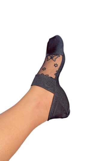 Black lace mesh ankle socks with gold design - Design 7
